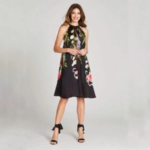 Halter Neck Black Floral A-Line Dress